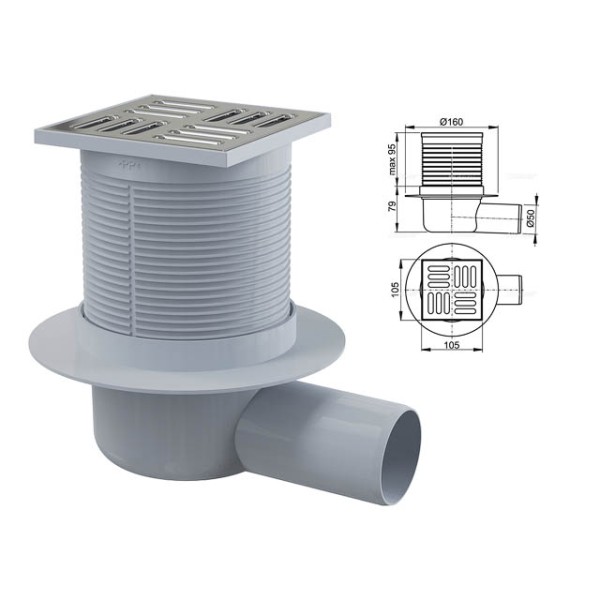 Сливной трап 105х105/50, подводка-боковая, решетка-нерж.сталь, гидрозатвор-комбинированый, Alcaplast
