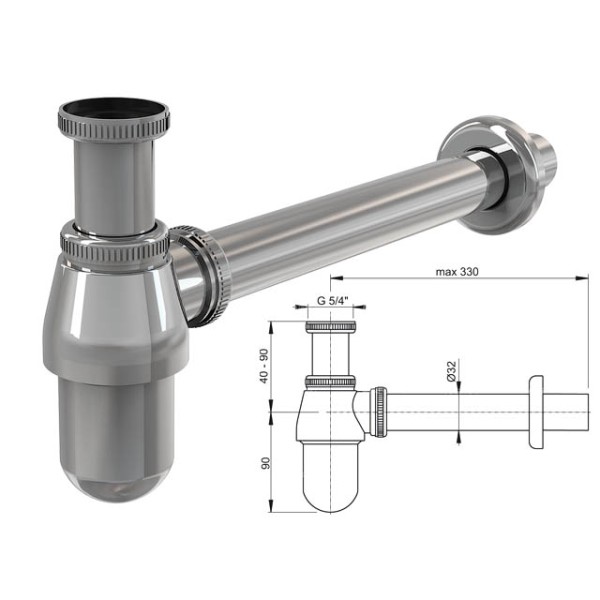 Сифон для умывальника O32, цельнометаллический, с накидной гайкой 5/4, Alcaplast