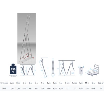 Лестница алюм. 3-х секц. 299/787/316см 3х12 ступ., 18,0кг PRO STARTUL (ST9942-12)