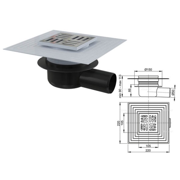 Сливной трап 105х105/50, подводка-боковая, решетка-нерж. сталь, гидрозатвор-сухой, Alcaplast
