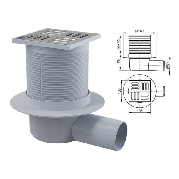 Сливной трап 105х105/50, подводка боковая, решетка нержавеющая сталь, гидрозатвор мокрый, Alcaplast
