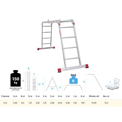 Лестница алюм. многофункц. трансформер 4х4 ступ., шир. 400 мм, 15,3кг NV3320 Новая высота (Максимальная нагрузка - 150 кг) (Новая Высота)