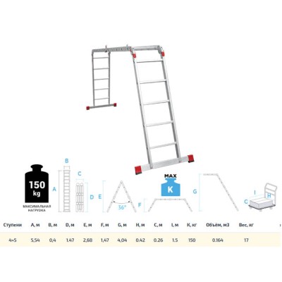 Лестница алюм. многофункц. трансформер 4х5 ступ., шир. 400 мм, 17кг NV3320 Новая высота (Без настила. Максимальная нагрузка - 150 кг) (Новая Высота)