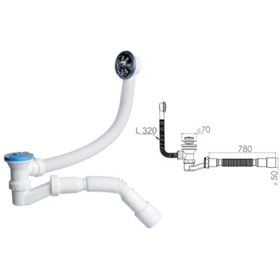 Сифон для ванны низкий h120mm, с выпуском и переливом 70мм, с гибкой трубой 40х40/50, AV Engineering