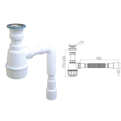 Сифон для кухни с прикручивающимся выпуском 70мм,  с гибкой трубой 1 1/2" - 40/50мм, AV Engineering