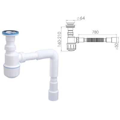 Сифон для умывальника с литым выпуском 64мм, с гибкой трубой 1 1/4", AV Engineering