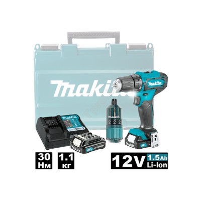 Аккум. дрель-шуруповерт MAKITA DF 333 DWYE в чем. + набор бит (12.0 В, 2 акк., 1.5 А/ч Li-Ion, 2 скор., 30 Нм, шурупы до 8 мм)