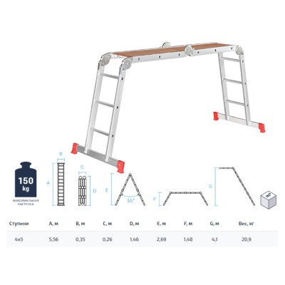 Лестница алюм. многофункц. трансформер 4х5 ступ. с настилом, 19.9кг NV233 Новая высота (Максимальная нагрузка - 150 кг) (Новая Высота)