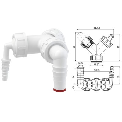 Колено с двумя штуцерами G1"/8-23 c обратными клапанами, Alcaplast