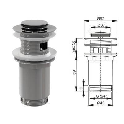 Водослив для умывальника click/clack 5/4, цельнометаллический с малой заглушкой, Alcaplast