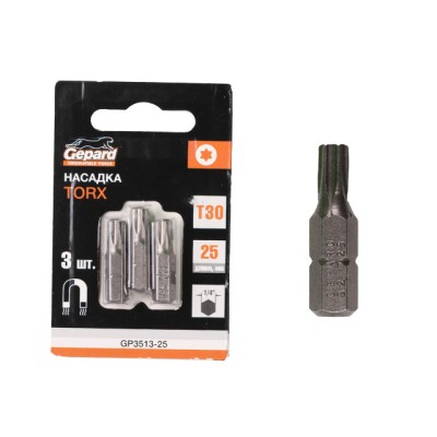 Насадка TORX T30 25мм  3шт GEPARD (GP3513-25) (бита звездочка шестилучевая звезда сталь S2  магнитная)