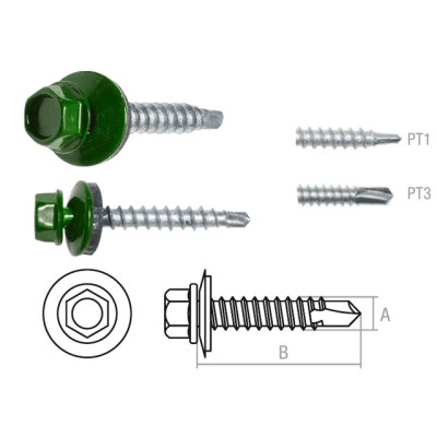 Саморез кровельный 4.8х29 мм цинк, шайба с прокл., PT1, RAL 6002 (5000 шт в коробе) STARFIX (по дереву, цвет лиственно-зеленый)