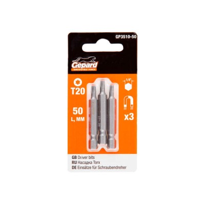 Насадка TORX T20 50мм  3шт GEPARD (GP3510-50) (бита звездочка шестилучевая звезда сталь S2  магнитная)