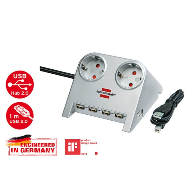 Удлинитель настол. 1.8м (2 роз., 4 USB порта, 3.3кВт, с/з, ПВС) сер. Brennenstuhl Desktop-Power-Plus