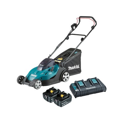 Газонокосилка аккумуляторная MAKITA DLM 431 PT2 (18.0 В, 2 акк., 5.0 А/ч, Li-Ion, шир. 430 мм, выс. 20-75 мм, пластм. корпус, травосборник 40)