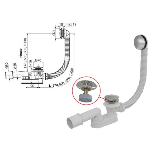 Сифон для ванны click/clack металл, Alcaplast