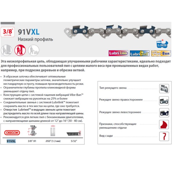 Цепь 35 см 14" 3/8" LP 1.3 мм 50 зв. 91VXL (2 шт в блистере) OREGON (затачиваются напильником 4.0 мм