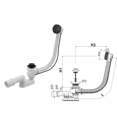 Сифон для ванны автомат комплект, черный мат, Alcaplast
