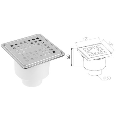 Сливной трап вертикальный D 50 с сухим затвором, с рамкой, решетка нерж. 100х100 мм, AV Engineering