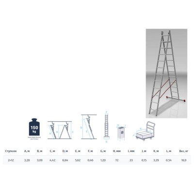 Лестница алюм. 2-х секц. 309/562 2х12 ступ. 16,9 кг NV522 Новая Высота (макс. нагрузка: 150 кг. Рабочая высота: 442-664 см)