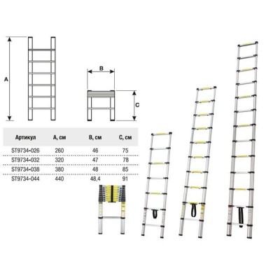 Лестница телескопическая 1-секц. алюм. 440см, 15 ступ. 12,1кг STARTUL (ST9734-044)