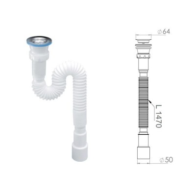 Сифон 1 1/2"х40/50 гофрированный (удлинённый), выпуск 64мм, AV Engineering