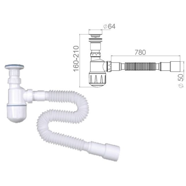 Сифон для биде, выпуск 64мм,  с гибкой трубой 1 1/4"- 40/50мм, AV Engineering