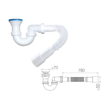 Сифон для душевого поддона U-образный h 130mm, выпуск 70 мм, с гибкой трубой 1 1/2" - 40/50мм, AV (AV Engineering)