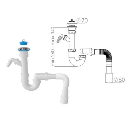 Сифон для кухни прямоточный с  выпуском 70мм, с гибкой трубой 1 1/2" - 40/50мм, AV Engineering