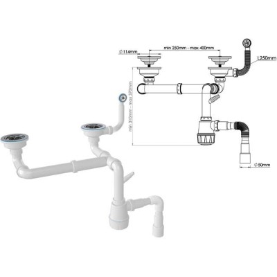 Сифон для кухни с круглым переливом, двойной, выпуски 3 1/2, с гибкой трубой 1 1/2 - 40/50мм, AV Eng (AV Engineering)