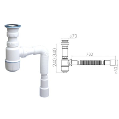 Сифон для умывальника с прикручивающимся выпуском 70мм , с гибкой трубой 1 1/2" - 40/50мм, AV Engine (AV Engineering)
