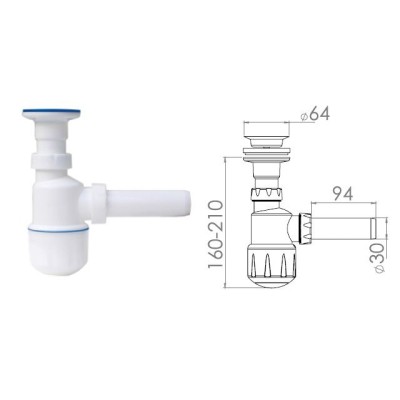 Сифон для умывальника, выпуск 64мм, с отводом 32мм, AV Engineering