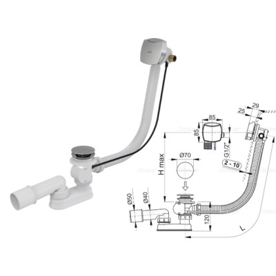 Сифон для ванны с напуском воды через перелив, металл - пластик, Alcaplast