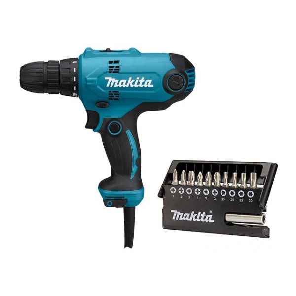 Дрель-шуруповерт MAKITA DF 0300 в кор. + набор бит (11 шт.) (320.0 В, 2 скор., 56 Нм, 1500/450 об/ми